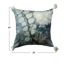 Load image into Gallery viewer, Blue Velvet Pillow, cotton velvet pillow with abstract blue-toned design, faded white botanical pattern, white tassels at each corner, and measurement graphic displayed against white background. 