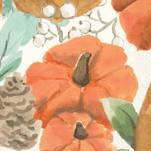 Load image into Gallery viewer, Orange pumpkins, white berries, green leaves, and a brown pinecone with a white background.