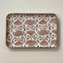 Load image into Gallery viewer, Rectangular enameled tray with a brown floral pattern and painted gold edging on a white background.