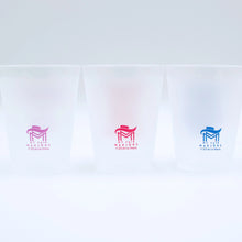 Load image into Gallery viewer, Row of frosted plastic cups featuring the My Fair Mahjong logo in purple, red, and blue displayed on a white background.