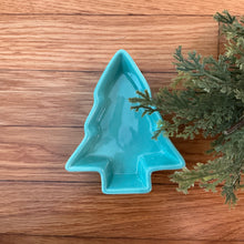 Load image into Gallery viewer, Green stoneware tree-shaped bowl on a wooden surface with greenery on the right side.