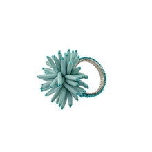Load image into Gallery viewer, Sea-blue beaded napkin ring with a woven band and floral motif on a white background.
