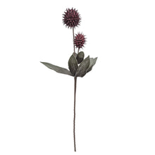 Load image into Gallery viewer, Artificial plant stem with purple flowers and green leaves on a white background.