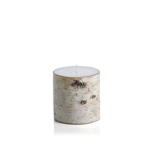 Load image into Gallery viewer, Birch-wrapped pillar candle with an unlit white wick, displayed on a white background.