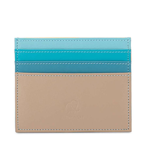 A credit card holder with vertical blues and beige color gradient and visible stitching, on a white background. 