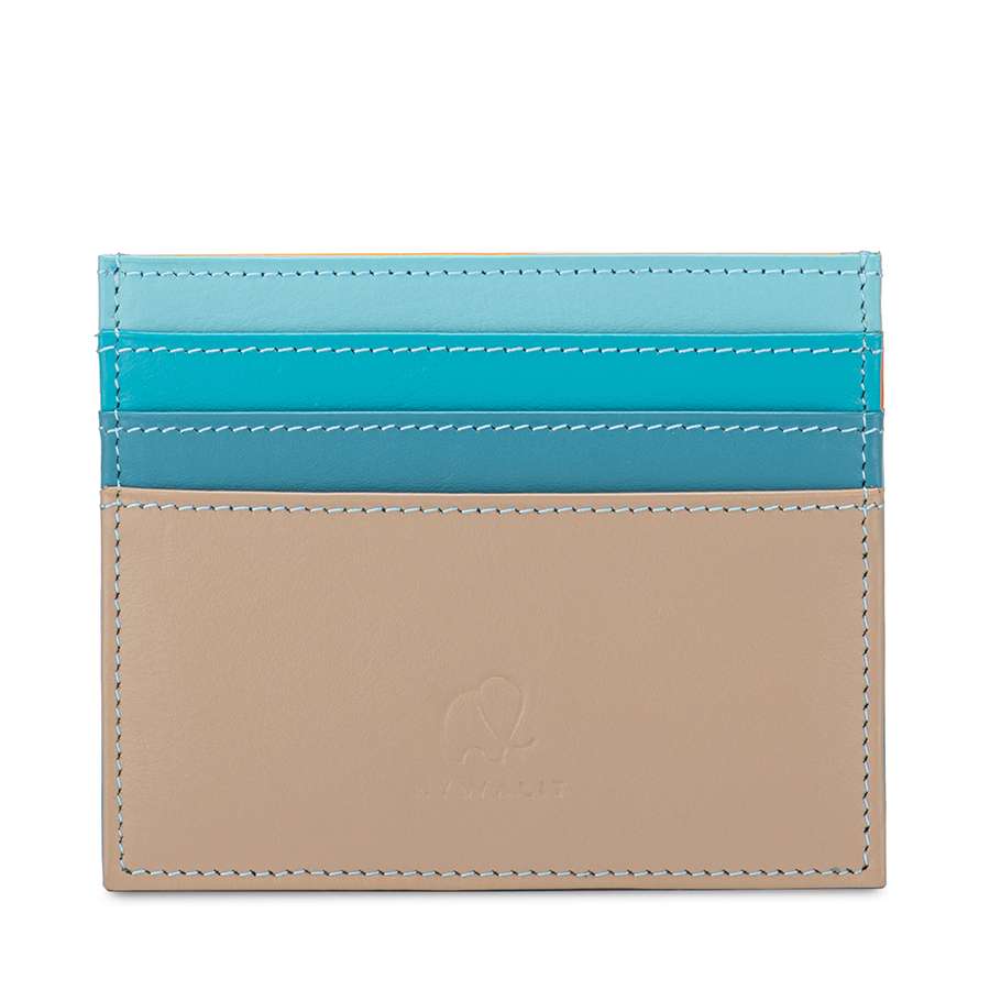 A credit card holder with vertical blues and beige color gradient and visible stitching, on a white background. 