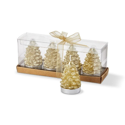 Clear box of four gold Christmas tree tea candles tied with a gold ribbon. One candle sits in front of the box. White background. 