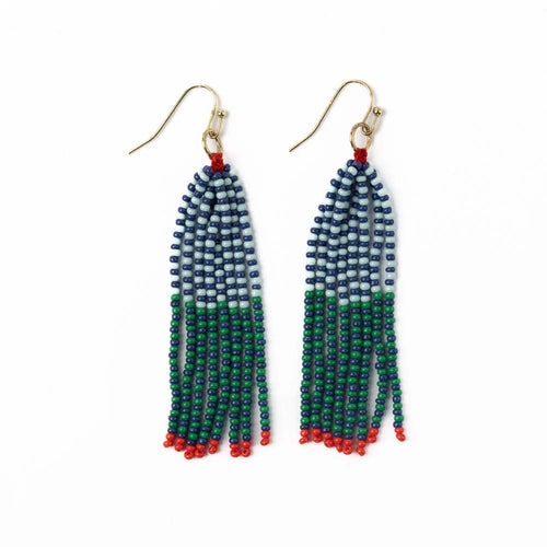 A pair of beaded tassel earrings with blue, green, red, and white  beads, hanging from gold-colored hooks, on a white background.