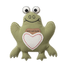 Load image into Gallery viewer, Green frog  tooth fairy pillow with a white shaped heart pouch with red stitching. Brown patch above pouch with &quot;TOOTH FAIRY PILLOW&quot; in black text. On a white background.