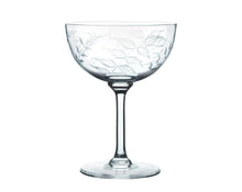 Load image into Gallery viewer, Stemmed wine glass with leaf etchings. White background. 