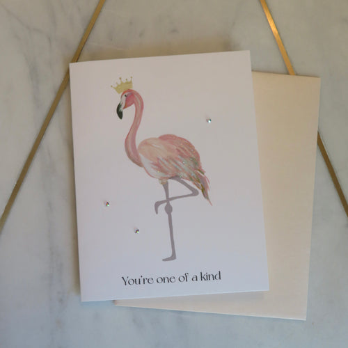 Greeting card with a flamingo illustration and 