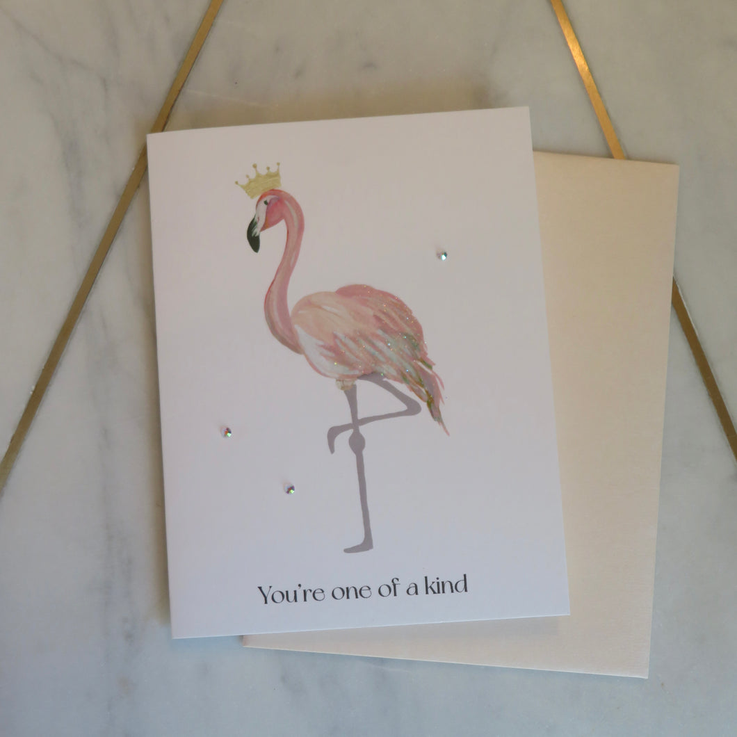 Greeting card with a flamingo illustration and 
