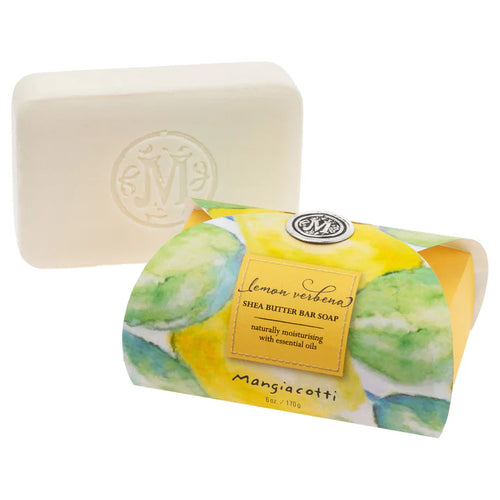A bar of soap with a colorful packaging featuring yellow and green hues and 