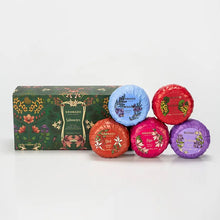 Load image into Gallery viewer, Granada Soap Cologne Gift Box with green floral box and five wrapped round soaps in blue, red, orange, pink, and purple displayed on a white background.