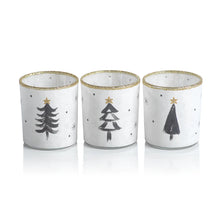 Load image into Gallery viewer, Three white tea light holders with gold glitter rims and simple black Christmas tree designs topped with gold stars, displayed on a white background.
