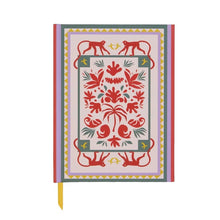 Load image into Gallery viewer, Decorative notebook with a colorful monkey pattern and yellow bookmark on a white background.