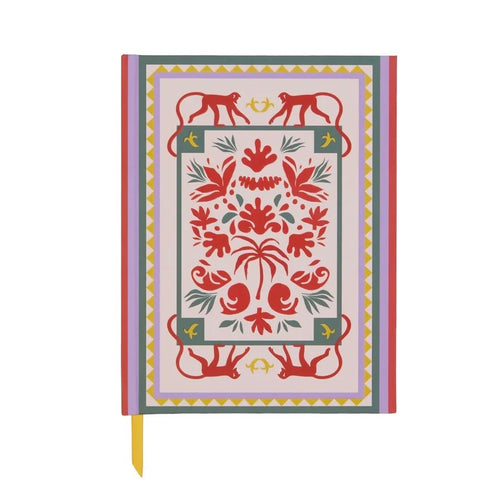 Decorative notebook with a colorful monkey pattern and yellow bookmark on a white background.