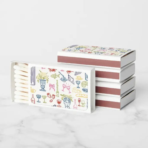 Set of matches with colorful pattern on a white background