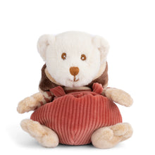 Load image into Gallery viewer, Front view of a white plush bear wearing a monkey-inspired outfit, with a brown adjustable hood and cream-colored hands and feet.  The bear is dressed in cream-and-salmon striped long sleeves and salmon-colored corduroy overalls. Bear is sitting against a white background.