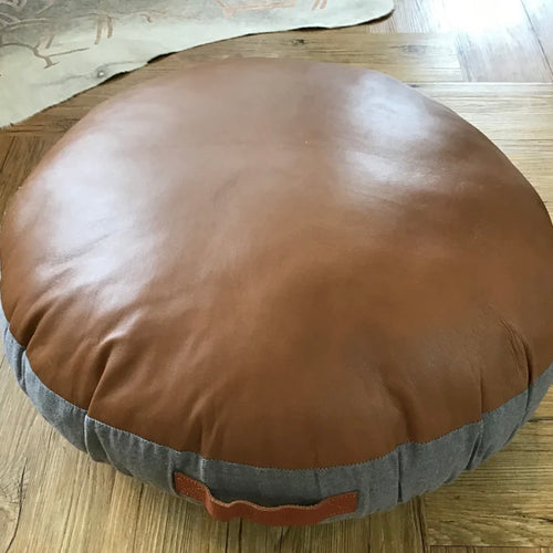 CLEARANCE Leather Floor Cushion Round Gray/Tan
