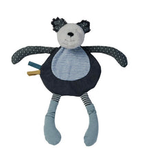 Load image into Gallery viewer, Bear plushy with striped body and black polka dot arms on a white background