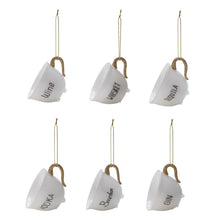 Load image into Gallery viewer, Collection of six white teacup ornaments with gold glitter handles and a clear footed bottom. Each teacup has a different word in black text - &quot;Wine&quot;, &quot;WHISKEY&quot;, &quot;TEQUILA&quot;, &quot;VODKA&quot;, &quot;Bourbon&quot;, and &quot;GIN&quot;. Teacups are hanging by a gold tied string against a white background. 