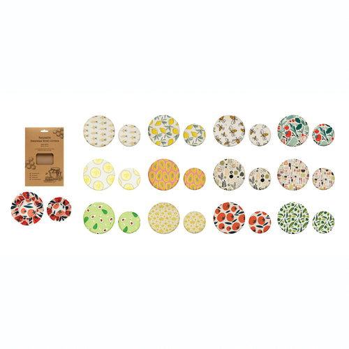 A collection of various sized reusable beeswax bowl covers in different patterns and a packaging box, on a white background.