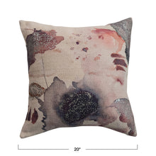 Load image into Gallery viewer, Abstract Printed Pillow, square textured fabric pillow with dusty pink and plum watercolor pattern and subtle silver metallic details with dimension graphic, on a white background.  