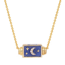 Load image into Gallery viewer, Close-up of a gold-plated chain necklace with an enamel spinner pendant featuring a sparkly crescent moon and golden star accents, displayed on a white background. 