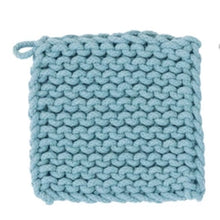 Load image into Gallery viewer, A square blue crocheted potholder with a hanging loop in the upper left corner , against a white background.