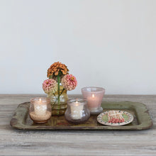 Load image into Gallery viewer, Vintage style green  tray with candles, flowers, and a small plate on a wooden surface.