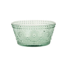 Load image into Gallery viewer, Green glass bowl with an embossed  pattern on a white background.