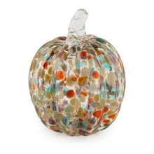 Load image into Gallery viewer, Mini glass pumpkin with orange, rust, and blue color speckles on a white background.