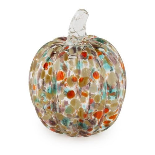 Mini glass pumpkin with orange, rust, and blue color speckles on a white background.