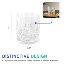 Load image into Gallery viewer, Clear carved lowball tumbler with a faceted pattern displayed with labeled dimensions in a size diagram.  
