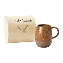 Load image into Gallery viewer, Brown mug inscribed with &quot;Cup of gratitude&quot; including wooden box