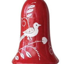 Load image into Gallery viewer, Red wooden bell ornament with a white bird and botanical design, shown close up against a white background.  