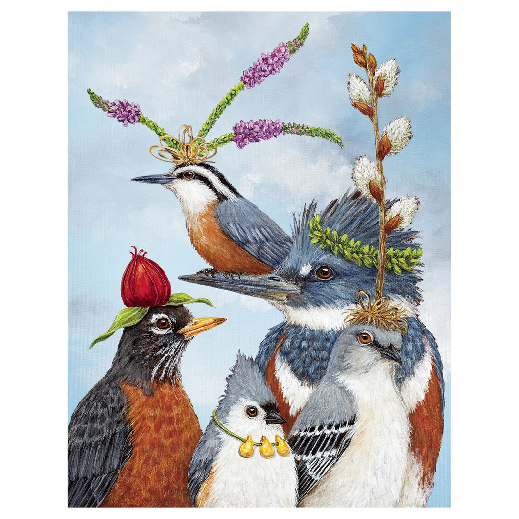 Five blue brown black and white multicolored birds arranged over a blue cloud background. All wear a nature adornment as a crown or necklace. 