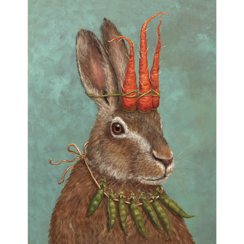 Notecard with a printed rabbit headshot. Rabbit wears a carrot crown and pees in pods as a necklace. He is front of a blue paint textured background