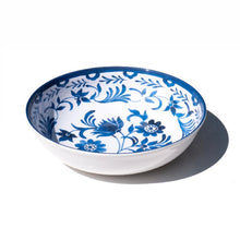 Load image into Gallery viewer, White melamine serving bowl with a blue floral interior design displayed on a white background. 