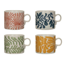 Load image into Gallery viewer, Red, blue, green, and yellow ceramic mugs with leaf patterns on a white background.
