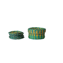 Load image into Gallery viewer, Set of yellow and green woven coasters and their matching holder on a white background.