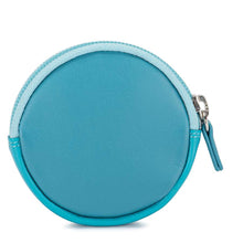 Load image into Gallery viewer, A blue round coin purse , with two toned piping and small blue zipper tab on a white background. 