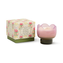 Load image into Gallery viewer, Reusable pink tulip-shaped glass candle with olive-green pedestal base and coordinating floral box packaging, displayed on a white background. 