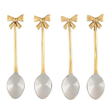 Load image into Gallery viewer, Four gold-tone bow handle spoons with silver-tone bowls on a white background. 