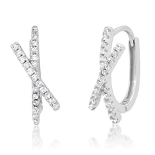 Load image into Gallery viewer, Sterling silver huggie earrings with an X- shaped, crystal-accented crossover design, shown from the front and side displayed on a white background.
