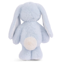 Load image into Gallery viewer, Back view of Jumpy Bunny soft blue plushie with long floppy ears and white round fluffy tail displayed on a white background.