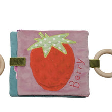 Load image into Gallery viewer, Baby soft book with strawberry design and wooden ring on a white background