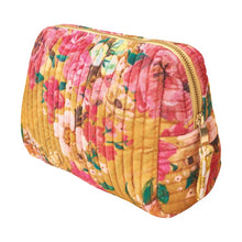 Load image into Gallery viewer, Pink and yellow floral quilted pouch with a gold zipper on a white background