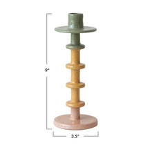 Load image into Gallery viewer, Multicolored tapered candle holder with dimensions 9&quot;x 3.5&quot; on a white background.